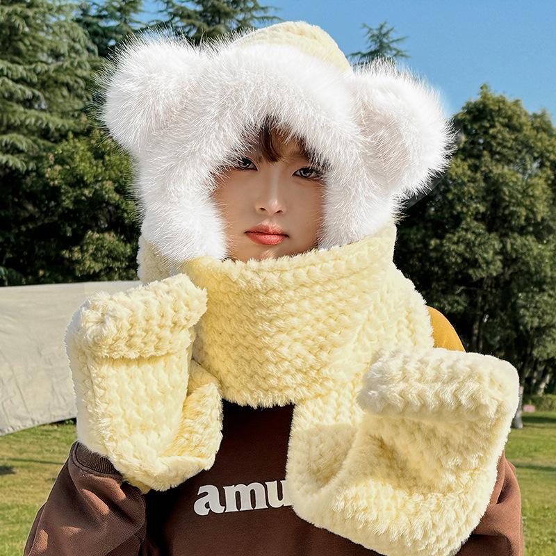 Hat thickened warm three-in-one women's winter new scarf gloves integrated fluffy cute bear three-piece set