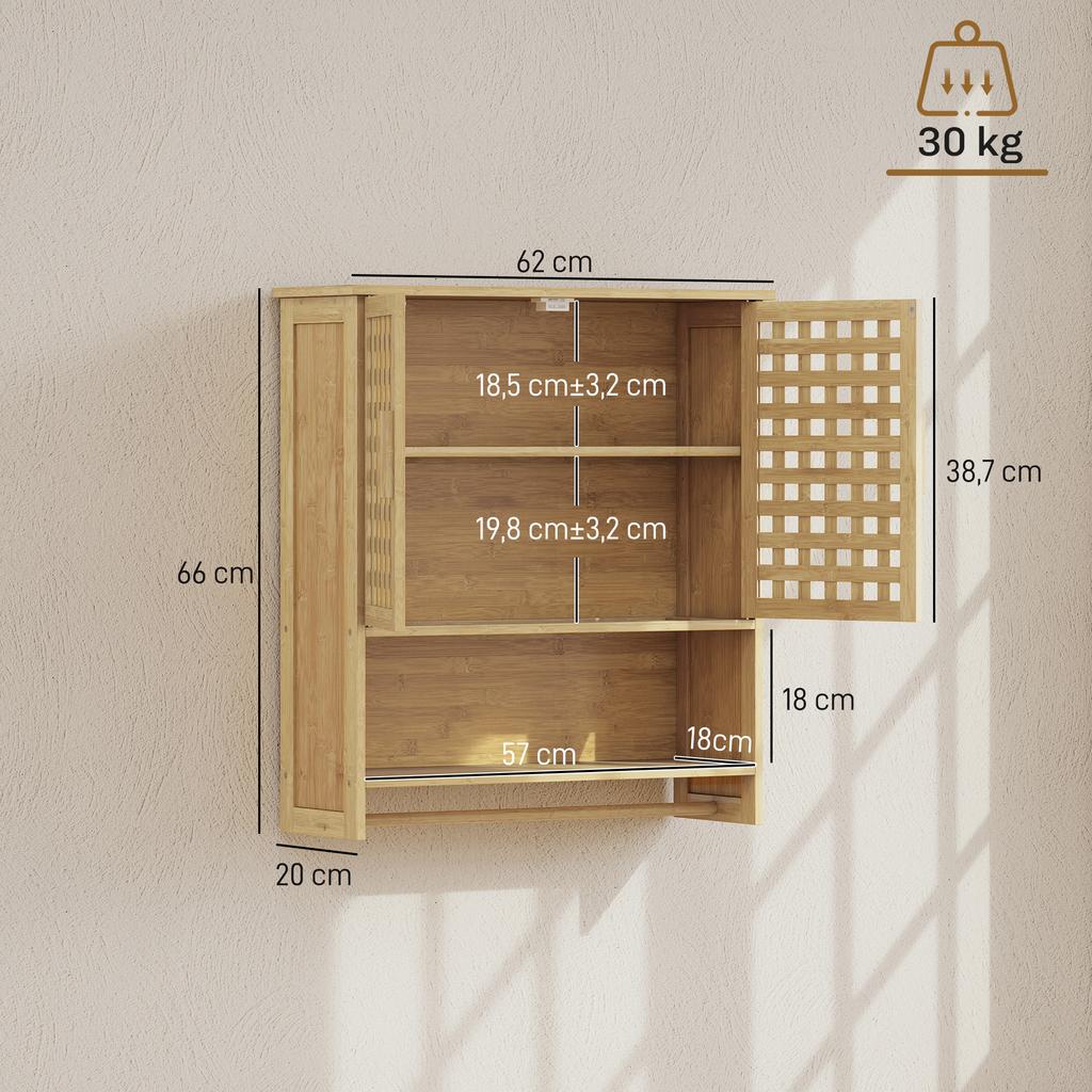 Bamboo Bathroom Wall Cabinet, 2 Slatted Doors, Open Compartment, Adjustable Shelf, Natural Wood