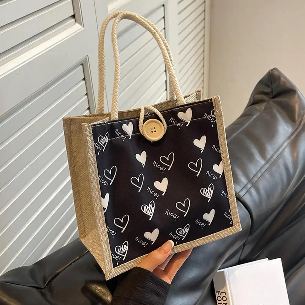 Linen Button Zipper Handbag Women Tote Large Capacity Grocery Bag Gift Bag Beach Organizer Portable Shopping Lunch Bag