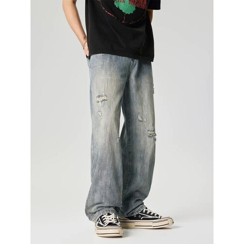 American retro ripped washed straight jeans men's street hip hop trend youth loose and versatile wide-leg trousers