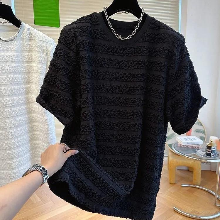 Men s Stylish, Loose-Fit Summer Short-Sleeve T-Shirt: Casual, Slimming Bubble-Knit Top XS чёрный