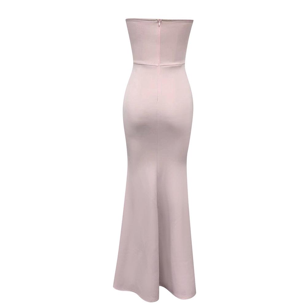Robe de soirée ajustée à patchwork de blocs de couleur en dentelle sans bretelles style européen américain