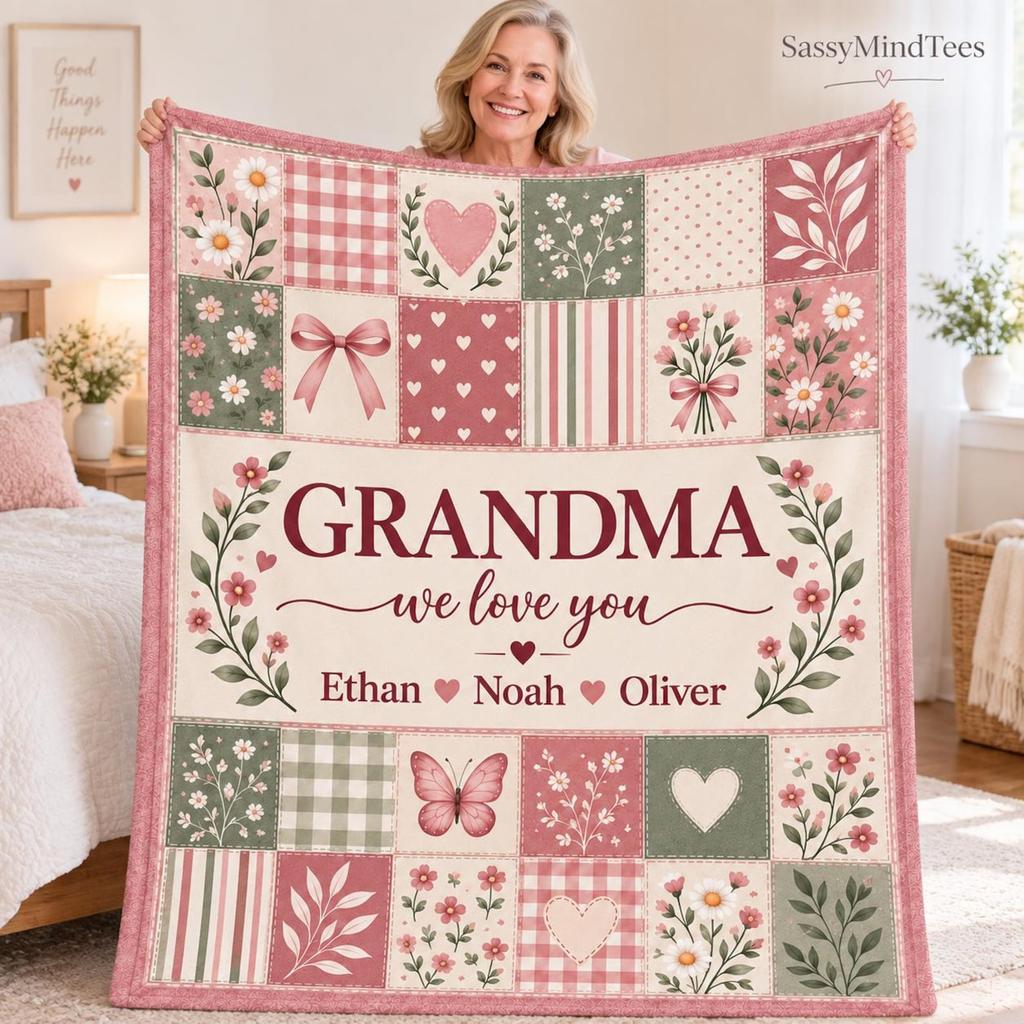 Personalized Grandma Blanket with Grandkids Names, Custom Floral Fleece Throw, Grandma We Love You Blanket, Gift from Grandchildren