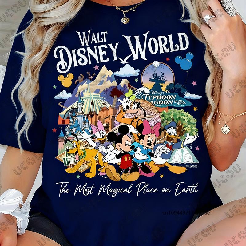The Disney Mickey Family Graphics Print Tshirt For Women Summer New Short Sleeve Cotton Tees Casual Streetwear Couple Tops