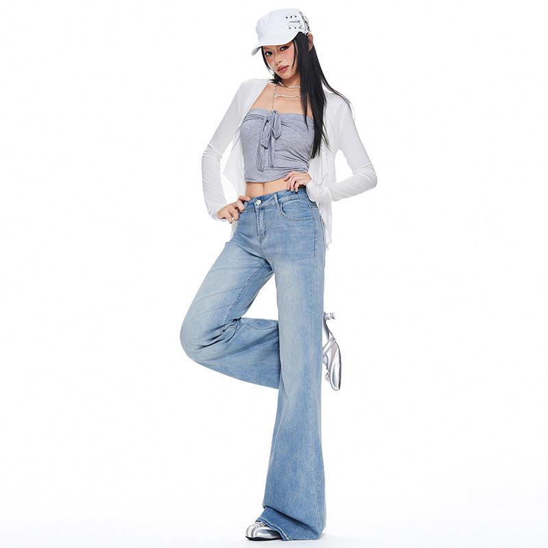 Light blue low-rise slightly pulled jeans women's autumn new models do not stick to the legs loose and thin wide-leg flared pants