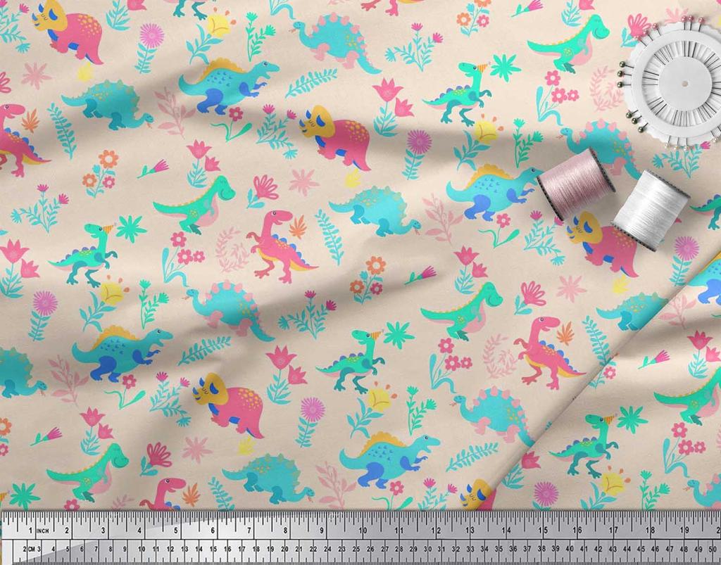 Soimoi Black Japan Crepe Satin Fabric Aster Flower & Dinosaur Kids Print Fabric by Metre 42 Inch