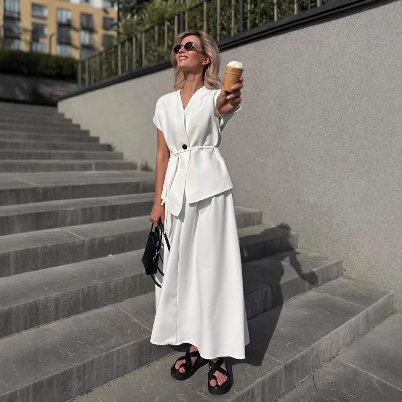 Womens 2-Piece Set V-Neck Sleeveless Top Long Skirt Elegant Blazer Style Dress