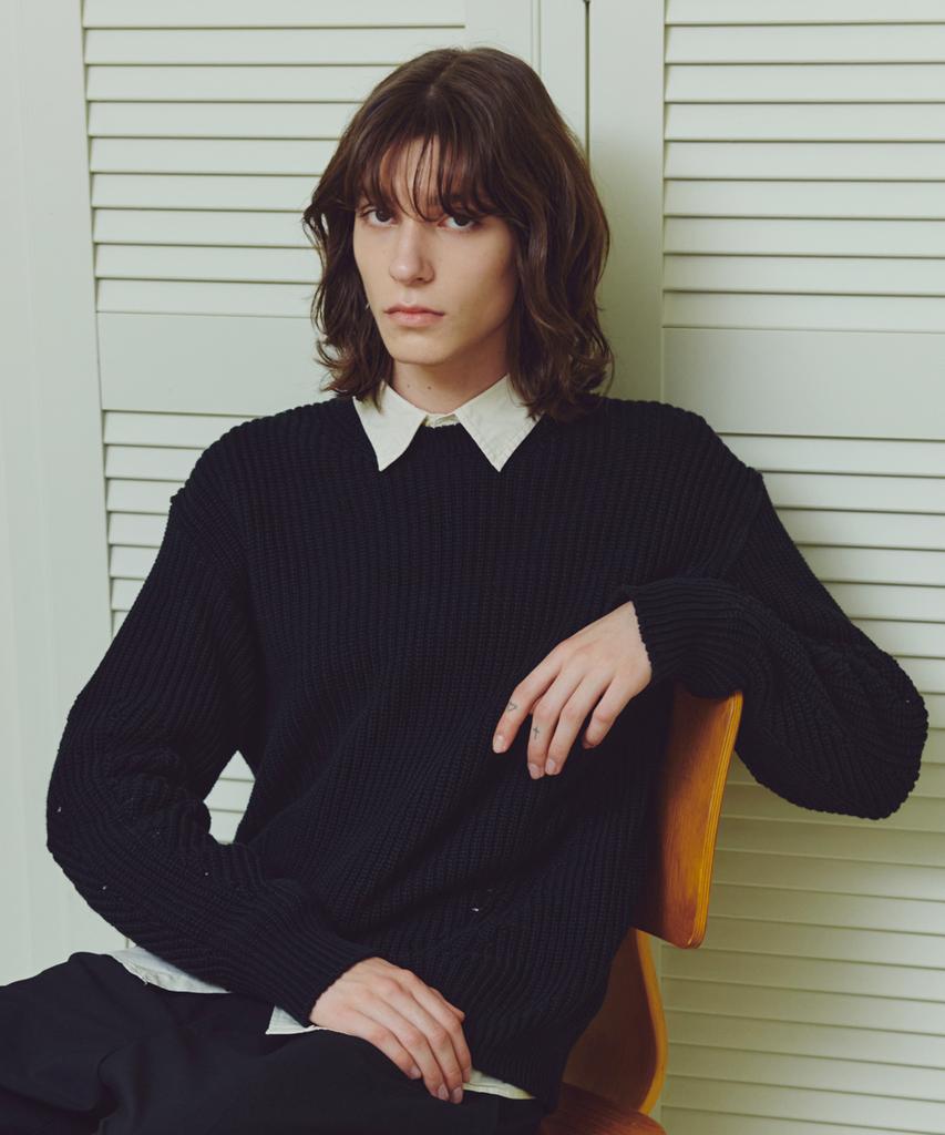 KNITTED Cotton Waffle Crewneck Knit Black