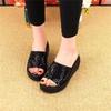 Rhinestone soft leather cool slippers women's summer 2025 popular outer wear fashionable thick-soled slope heel flat-bottomed one-word women's shoes