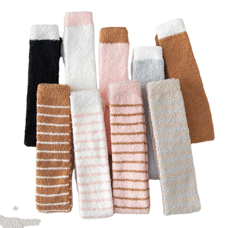 Winter Socks Women'S Long Tube Over The Knee Coral Fleece Women'S Socks Striped Wind Thickened Fleece Home Floor Socks