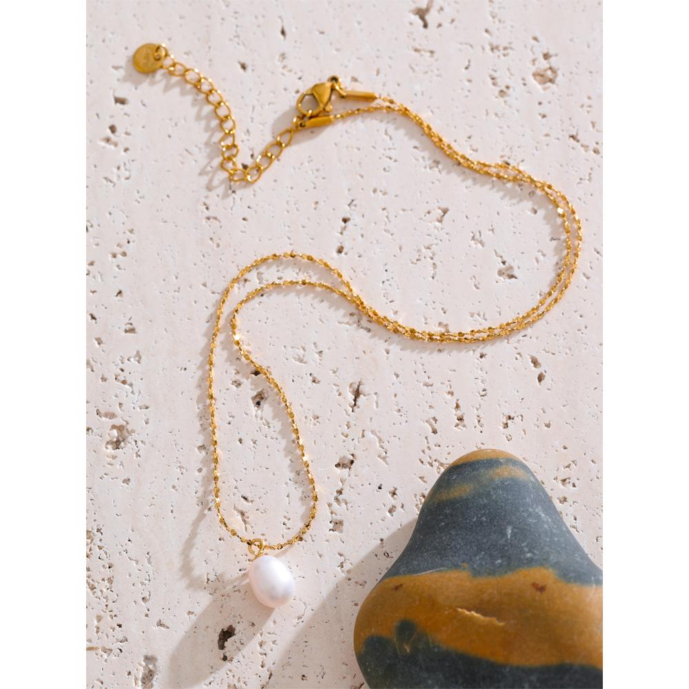 Yhpup Exquisite Thin Chain Natural Freshwater Pearl Pendant Necklace for Women Stainless Steel Fashion Collar Jewelry Gift