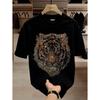 Men's Black Short Sleeve T-Shirt with Glitter Tiger Graphic, Crew Neck, Soft Cotton Blend, Relaxed Fit for Casual Streetwear Style
