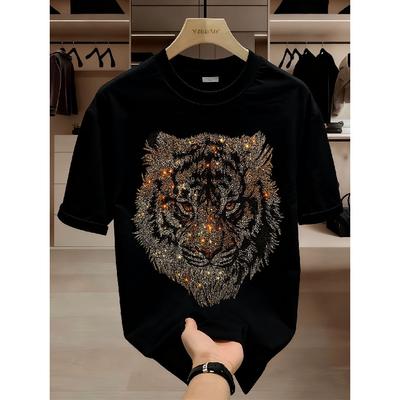 Men's Black Short Sleeve T-Shirt with Glitter Tiger Graphic, Crew Neck, Soft Cotton Blend, Relaxed Fit for Casual Streetwear Style