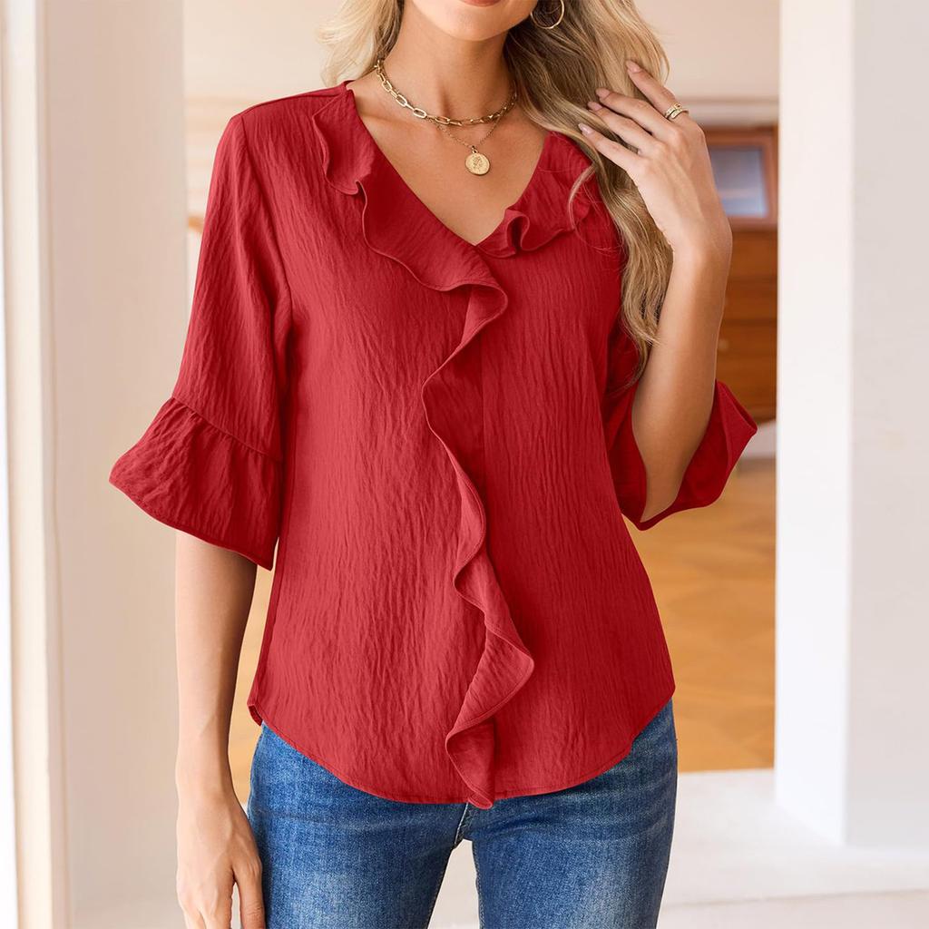Women's Fashionable Color V-neck Seven Quarter Sleeve Pleated Casual Pullover Top