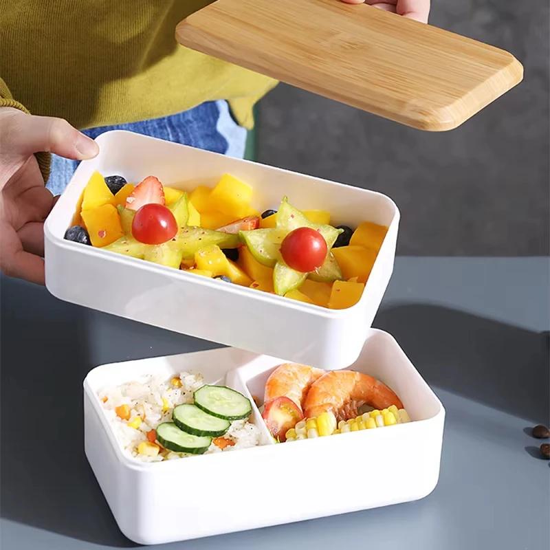 Wood Grain Lunch Box Large Volume Double Layer Sealed Leak-proof Microwave Oven Bento Box Handy Food Storage Container