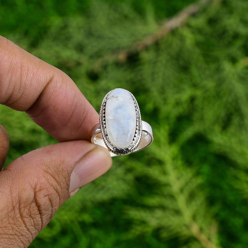 Mothers day Sale 925 Silver Oval Natural Rainbow Moonstone Art Deco Bezel Ring