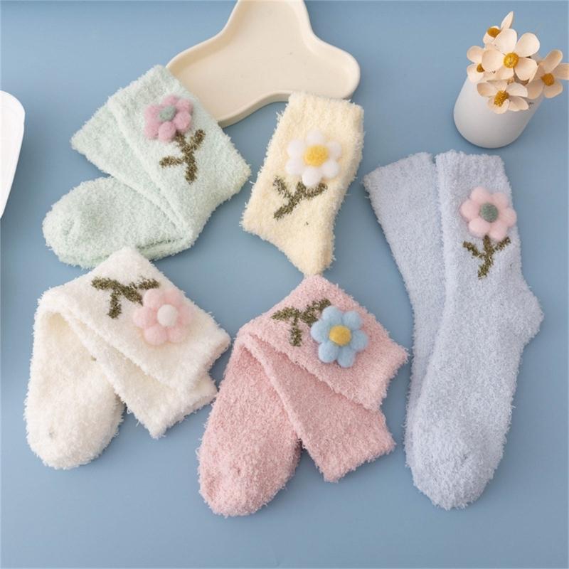 Japanese Women Girl Cute Coral Fleece Slipper Socks 3D Plush Flower Thicken Warm Thermal Fuzzy Floor Sleeping Socks