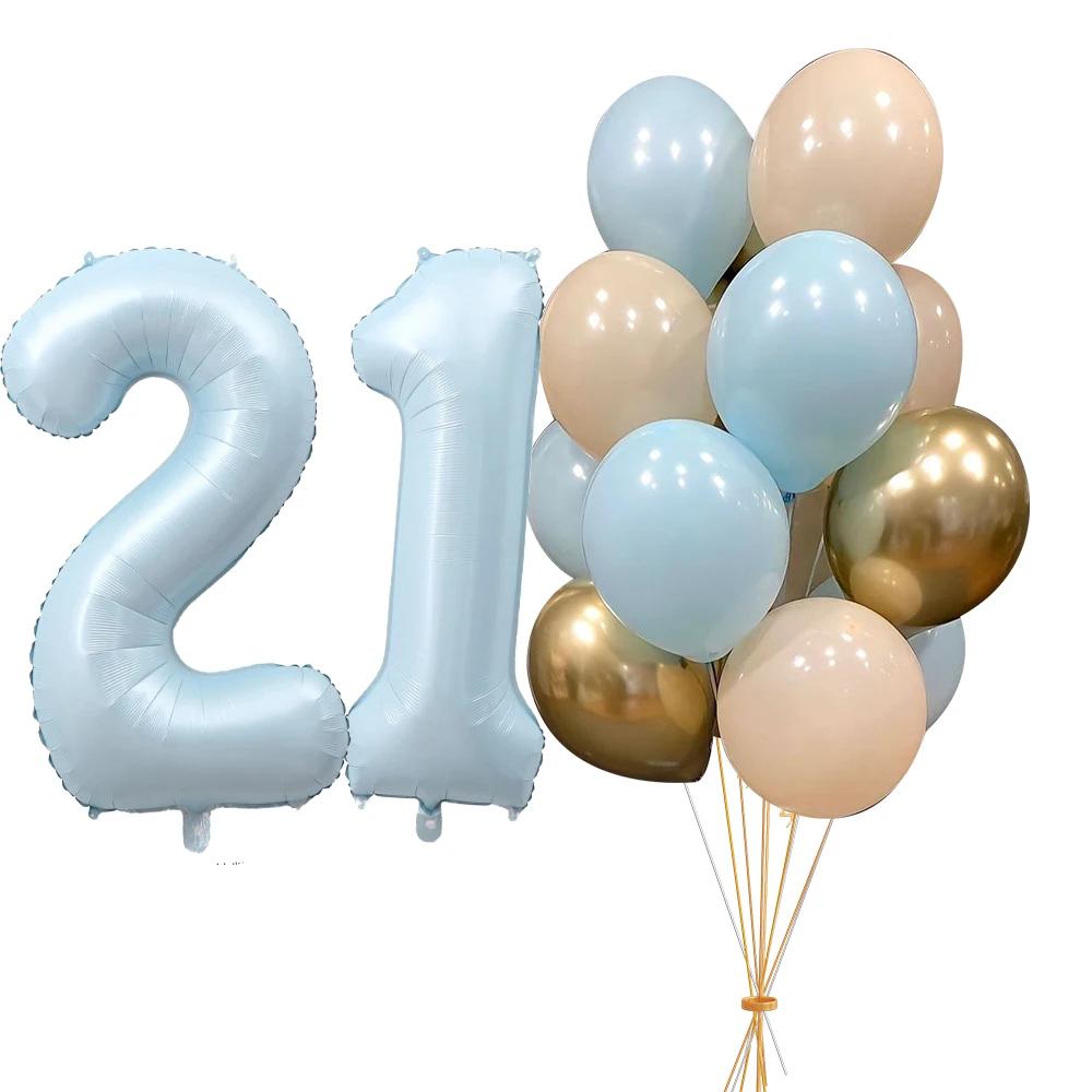 22pcs/set Baby Blue Series Latex Balloon Vintage Blue Foil Number Balloon For Boy's Birthday Party Anniversary Decoration Supply