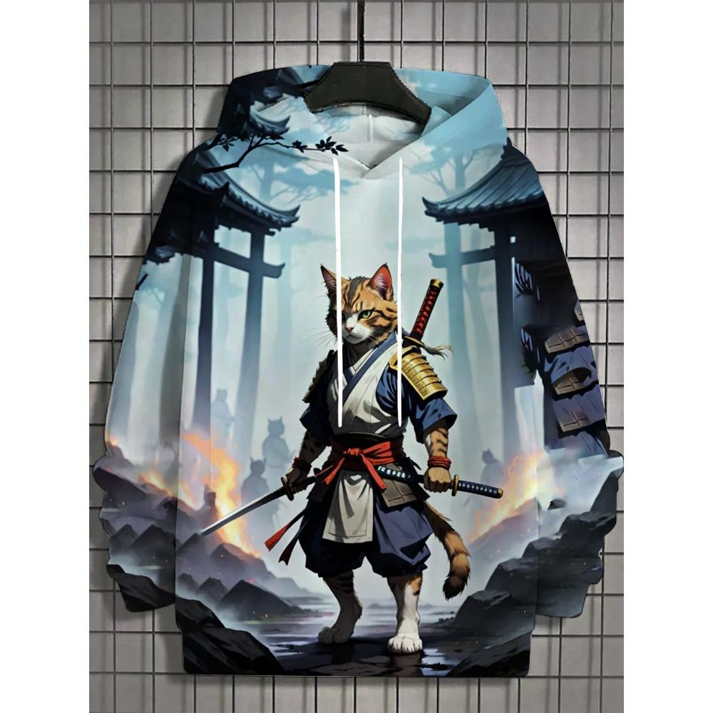 Japanische Harajuku Bedruckte Hoodies für Herren Berg Katze Tentakel Grafik Sweatshirts Lässig Lockeres Sweatshirt Lange Ärmel Pullove