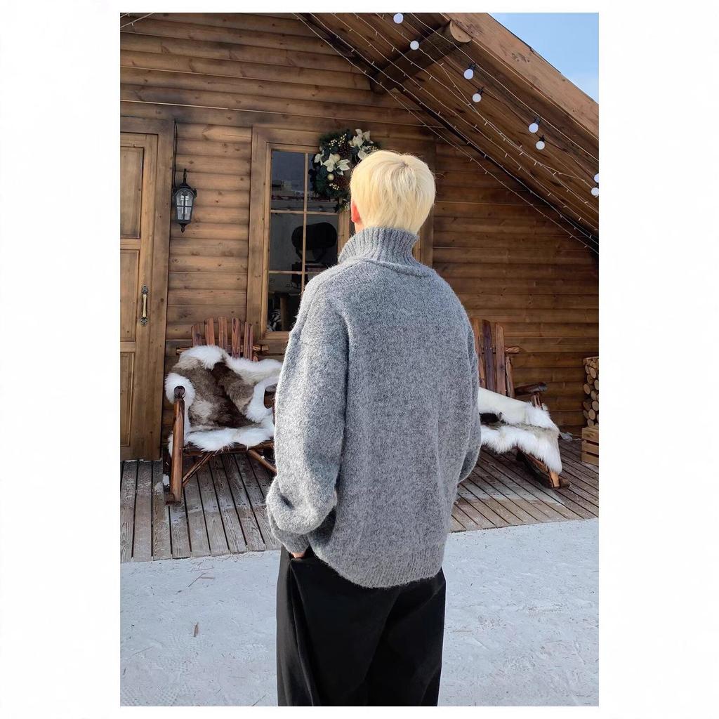 Men's Korean-Style Half-High Collar Textured Knit Sweater - Loose Fit for Autumn/Winter