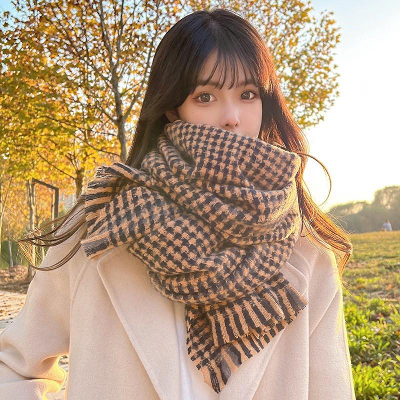 Plaid Knit Scarf Women Winter Warm Shawl Wrap Student Style Chic Ins Trendy Thick Neck Warmer