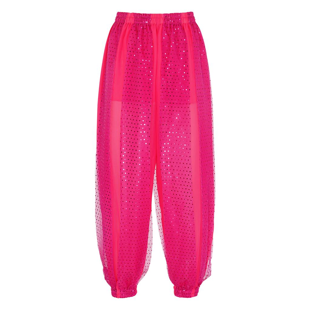 Womens Semi Sheer Chiffon Pants Sequined Dot Design Elastic Waist Belly Dance Performance Trousers