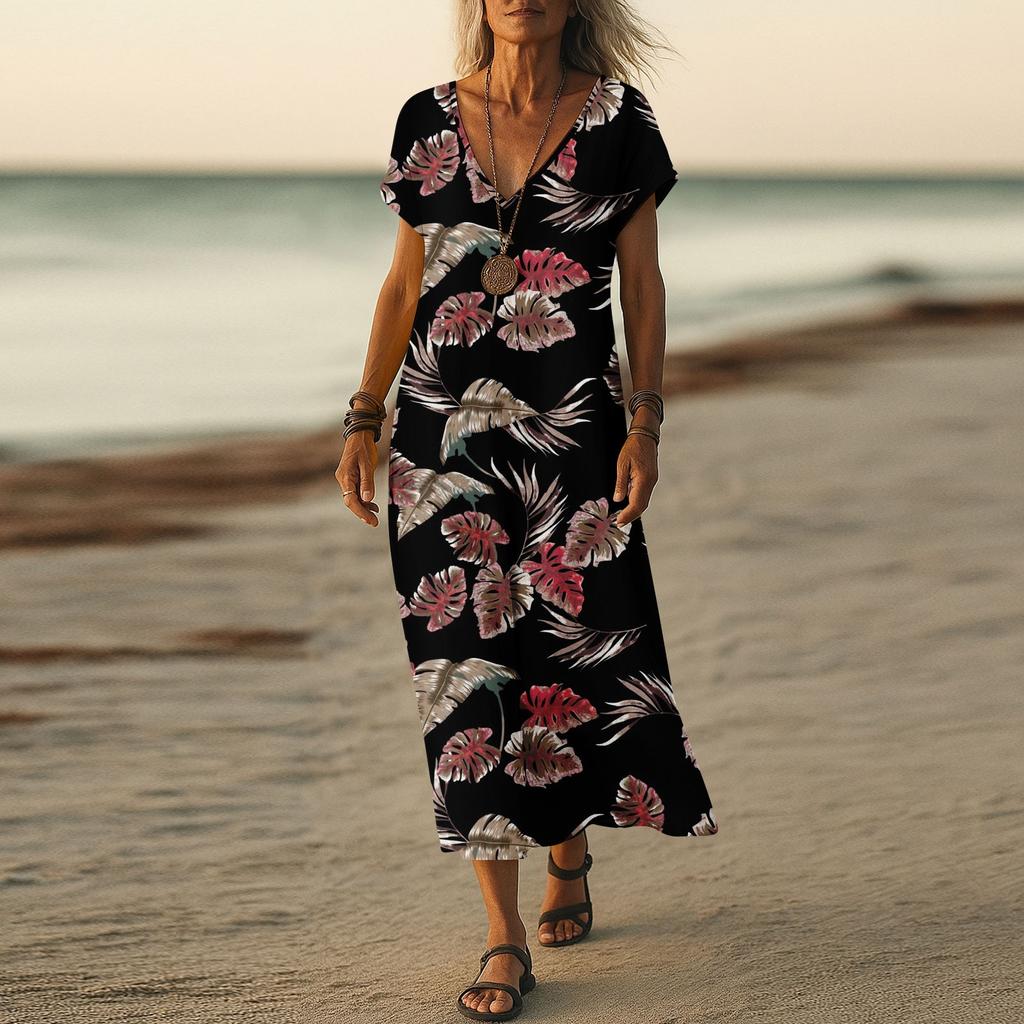 Summer Dress Women's Long Boho Beach Dress Elegant Maxi Dress V-Neck Short Sleeve Summer Tunic Dress Light Airy