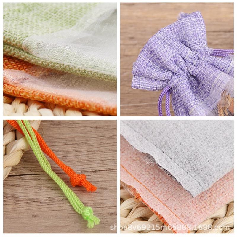 10pcs Window Linen Bundle Pocket Mesh Splicing Bag Cosmetic Organizer Storage Bag Jewelry Drawstring Storage Bag