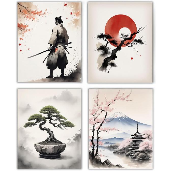 Japanese Wall Art Set of 4 – Samurai, Rising Sun, Bonsai Tree & Mount Fuji Prints – 8x10 inch Unframed, Modern Minimalist Asian Oriental Decor