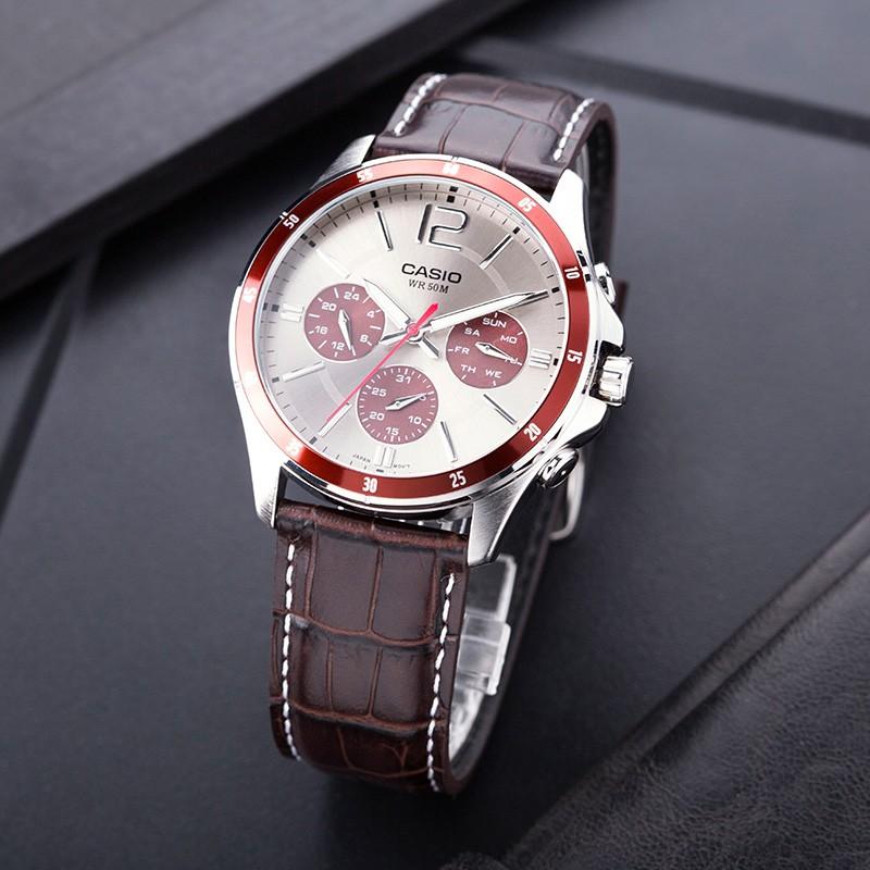 Casio Standard Series Business Fashion Three-Eye Chronograph Quartz Movement Genuine Leather Strap Men watches Silver MTP-1374L-7A1
