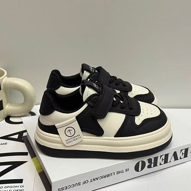 Kids Black White Color Block Velcro Strap Thick Sole Casual Low Top Board Sneakers 26