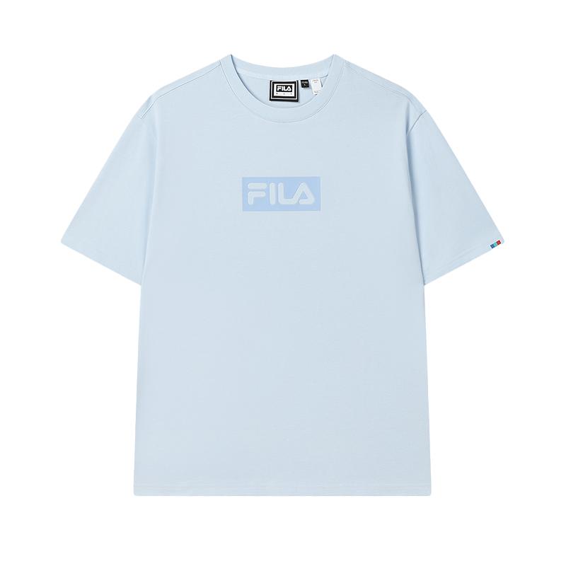 FILA Original Fire Fashion Versatile Casual Simple Comfortable Cotton Knit Short Sleeve T-Shirt Unisex Tops Sky-Blue F51M529110F-LB