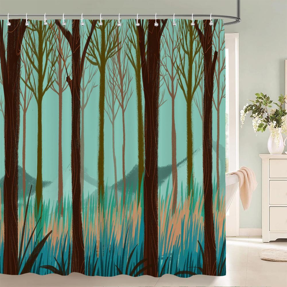 3d Watercolor Tree Shower Curtain Plant Floral Pattern Printed Fabric Waterproof Polyester Bathroom Curtain Decor With Hooks