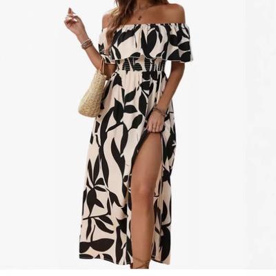 Women's Off Shoulder Maxi Dress Abstract Print Ruffle Split Long Dress Bohemian Elegant Mid Waist Summer Vacation Dress