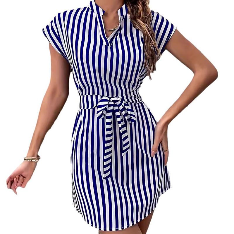 Women's Striped Lace-up Dress Fashion Slim V-neck Temperament White-collar Work Commuter Mini Dress Street Casual Wear
