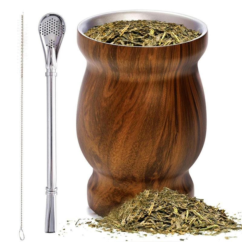 3pcs 8oz Yerba Mate Cup Set Yerba Gourd Cup 304 Stainless Steel Double Wall Mate Coffee Mug With Cleaning Brush and Bombillas