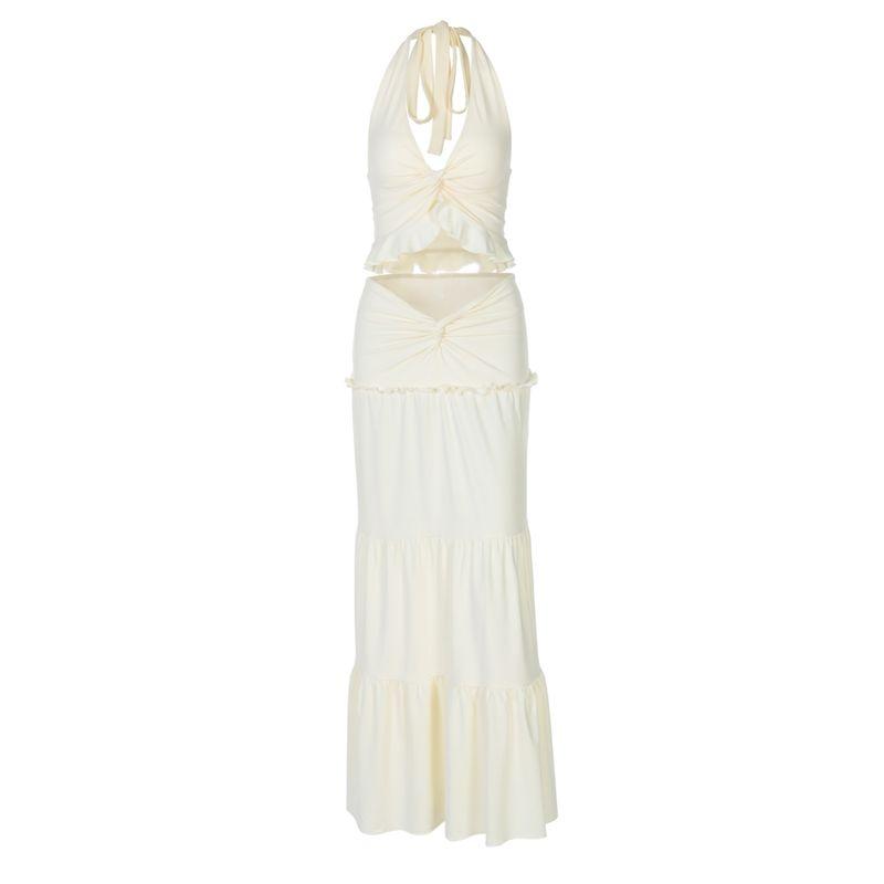 Fashion Style Sexy Sexy Fashion Suit Women's V Neck Halter Spaghetti Straps Vest High Waist Stitching Long Skirt Two-piece Set