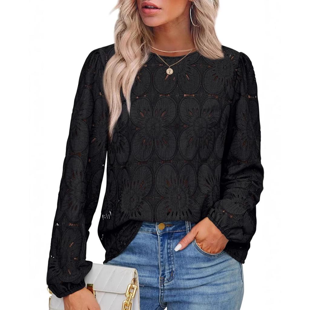 Ladies' Loose And Fashionable Versatile Hollow Lace Long Sleeved Top