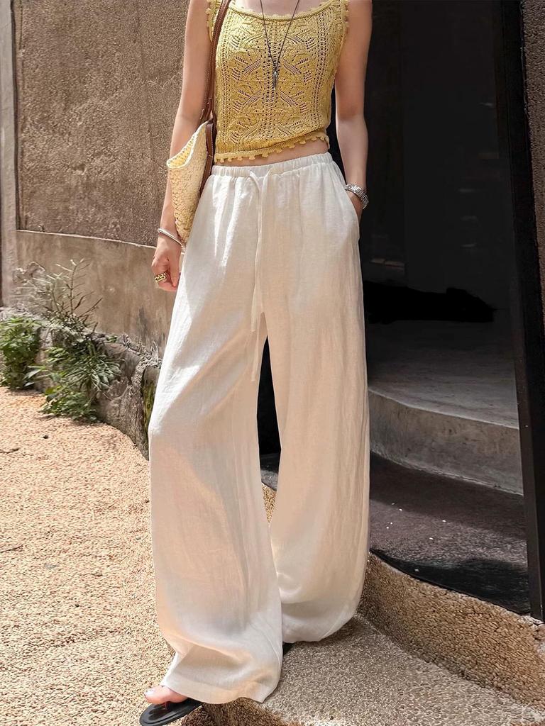Women's Summer White Loose Cotton-Linen Wide-Leg Pants