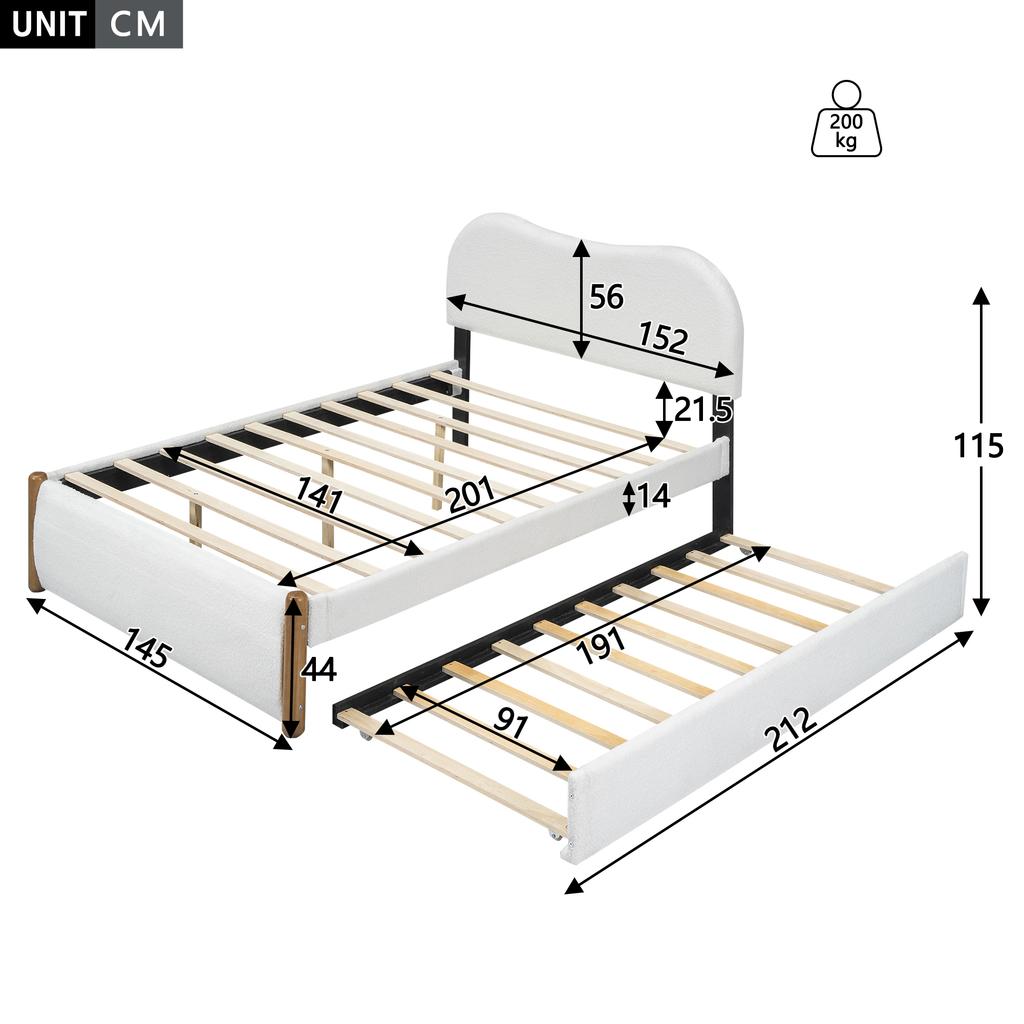 Letto piatto 140*200 cm, imbottito, con pratico letto estraibile su ruote, design minimalista, bianco