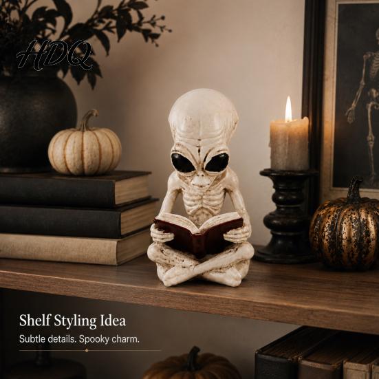 Spooky Halloween Window Displays Alien Cross Legged Reading Book Skeleton Figurine, Resin Sci-Fi Gothic Collectible Art Pieces Ornament, Collection