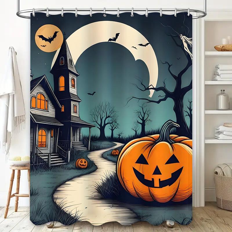 Tuniu Creepy Haunted House Halloween Theme Bathroom Curtain Spooky Pumpkin Decor For Kids And Adults
