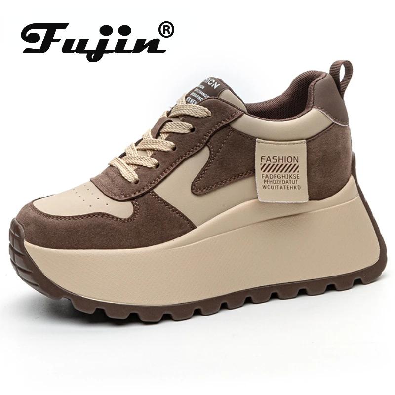 Fujin 8cm Air Mesh Genuine Leather Breathable Loafer Platform Summer Hollow Women Chunky Sneaker Sandals Vulcanize Comfy Shoes