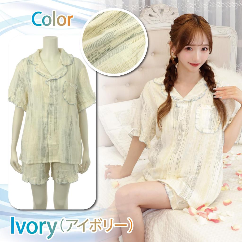 RAVIR Cotton Double Gauze Short Sleeve Shirt and Shorts Easy to Put On and Take Size XL Women's 100% Pajamas, Set, Breathable, Moisture-Wicking,