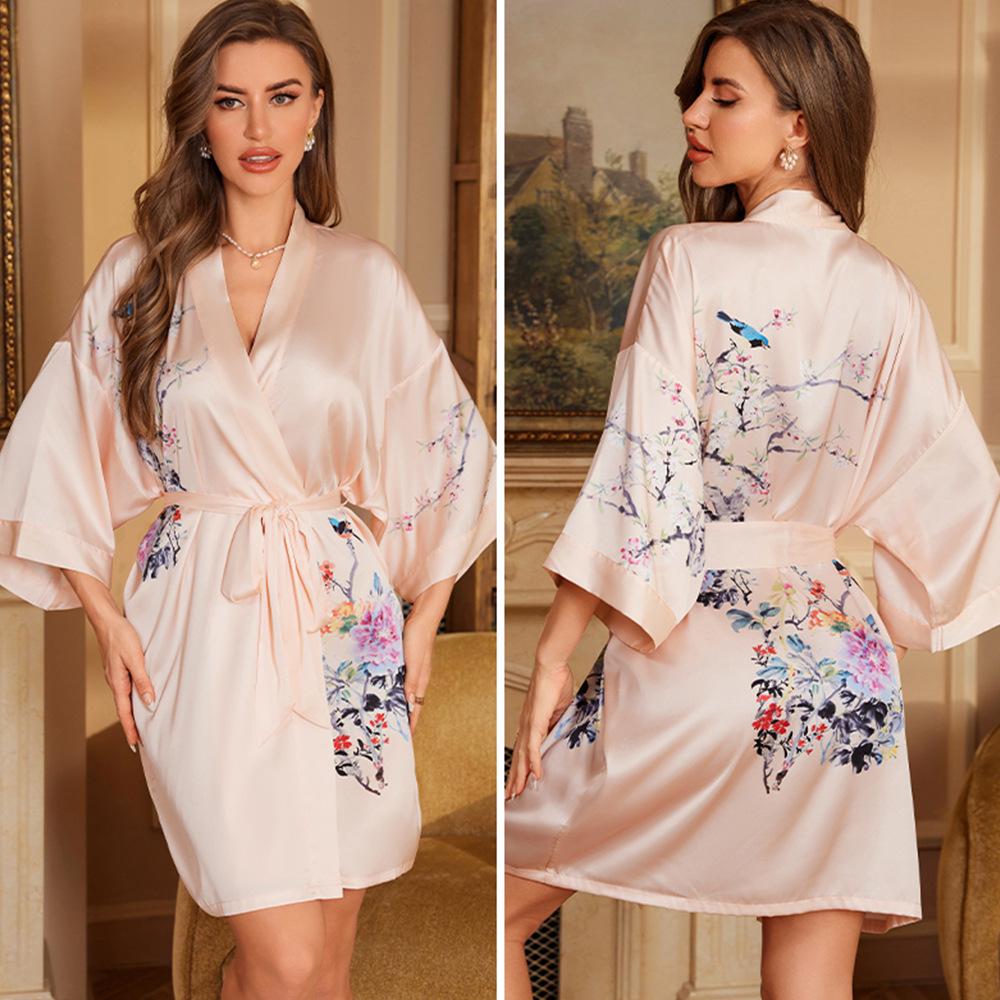 Yaoting Elegant Retro Chinese-Style Satin Nightgown for Women, Luxurious & Noble Home Bathrobe - Summer 3370.