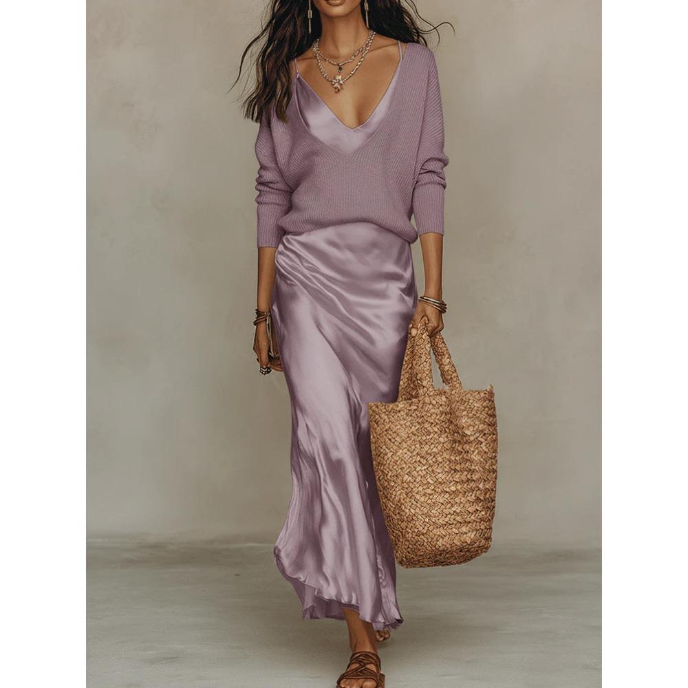 Europe, America, Fashion, Women's Top + Satin Dress Temperament Commuter 2-piece Set