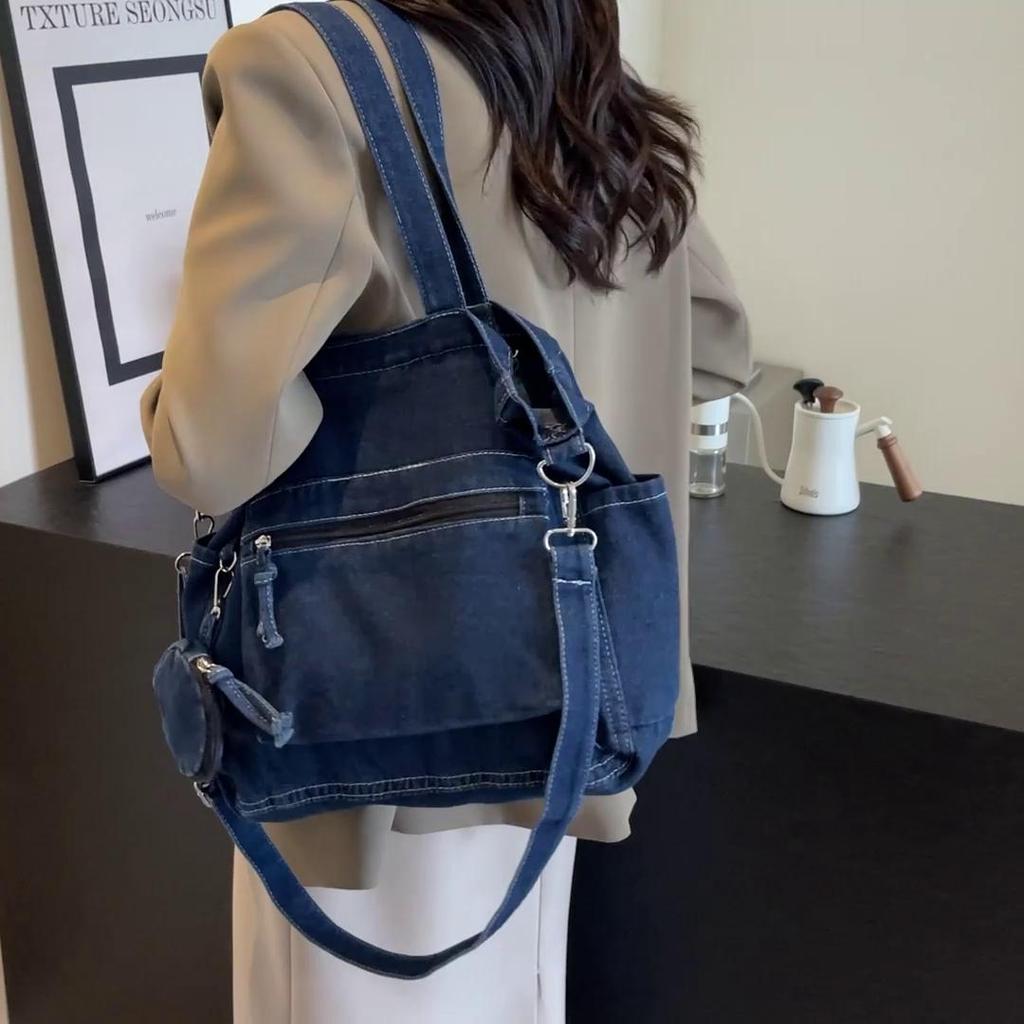 Borsa a tracolla in denim da donna, grande capacità, borsa a mano per studenti, pendolari, classi, borsa a tracolla