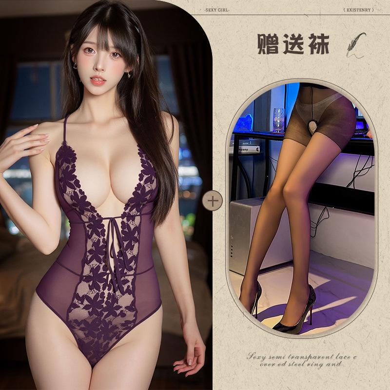 Sexy Lace Suspender Deep V Sex Underwear Lace-Up Perspective Hollow Mesh Onesie