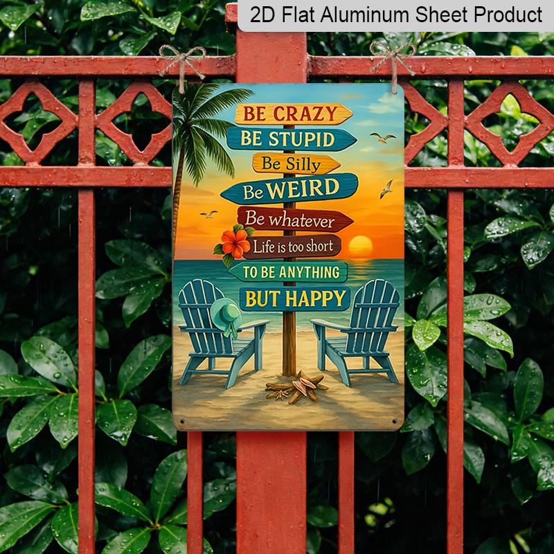 2D Flat - 1pc Ideal for Decorating Your Space, This AluminuSign Features a Relaxing Tropical Beach Scene with Palm Trees And Adirondack Chairs
