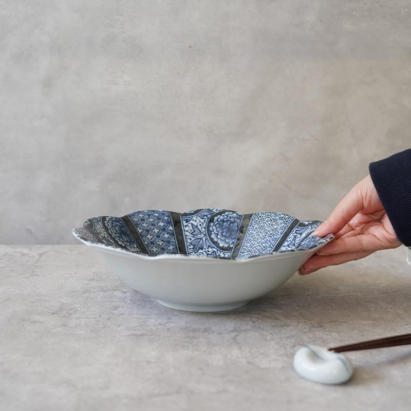 EAST Table Large Konseihana Blue Japanese Made In Microwave and Dishwasher Bowl, 23.5cm, (Dark Flower), Tableware, Japan, Safe, 23-051